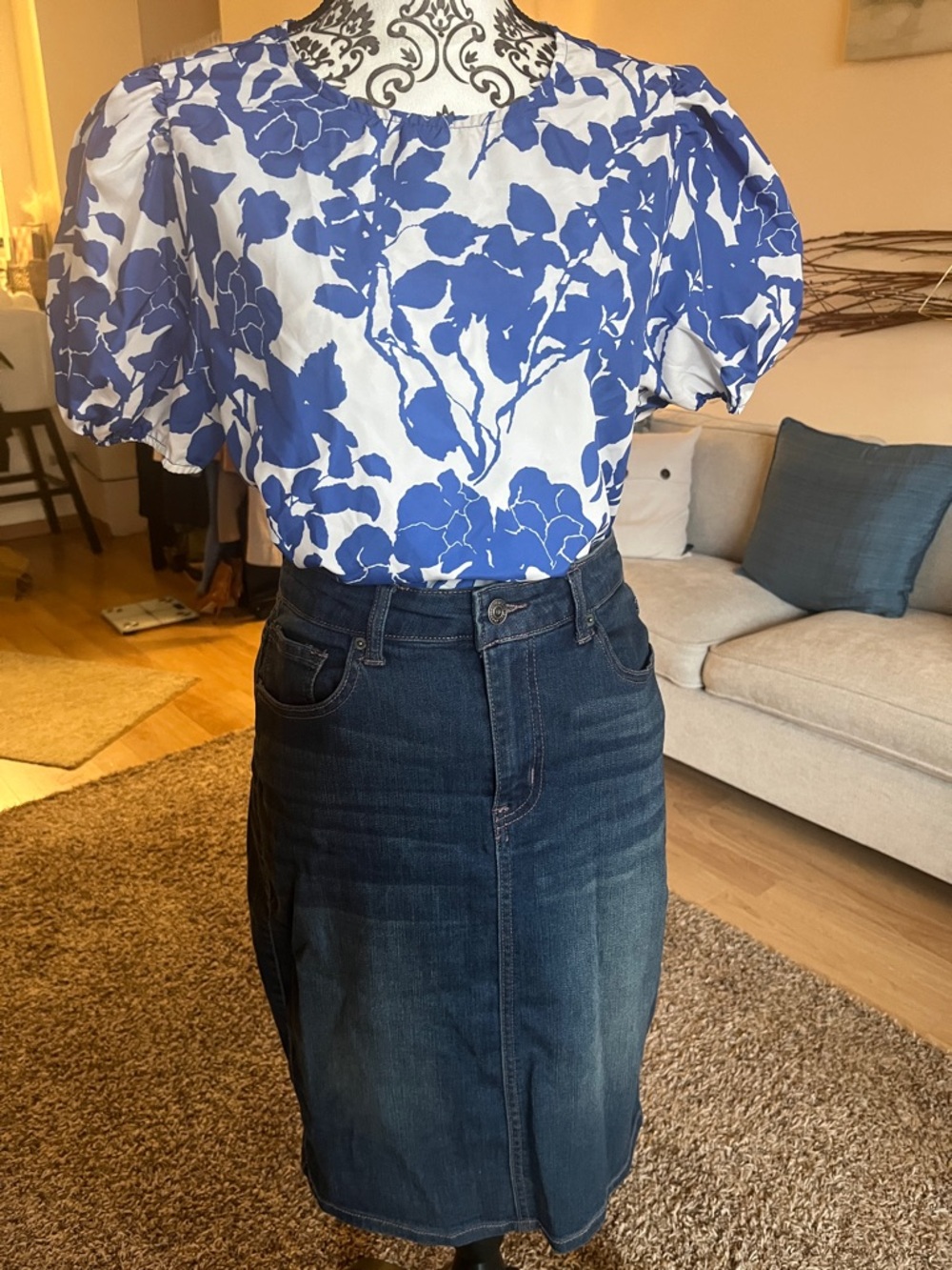 2 Floral Puff Sleeve Tops and 1 denim skirt